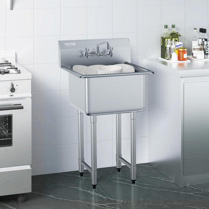 VEVOR Stainless Steel Prep & Utility Sink, 1 Compartment Free Standing Small Sink Include Faucet & legs, 21"x18" Commercial Single Bowl Sinks for Garage, Restaurant, Kitchen, Laundry