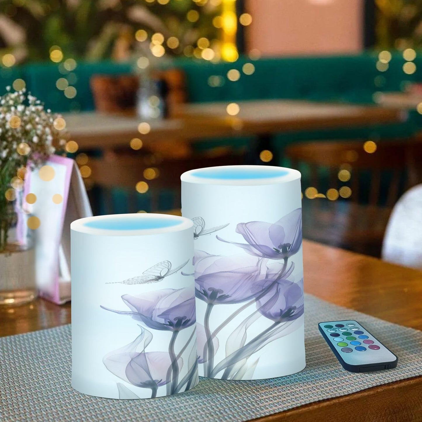 ALAZA Three Purple Tulips Flameless Candles, LED Pillar Candles with Remote Timer, Battery Operated Candles Set of 2