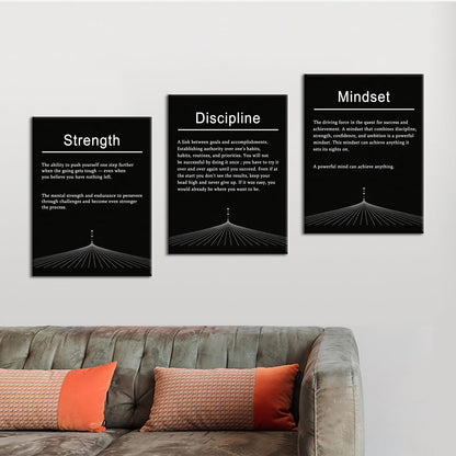 PSYYSP 3 Piece Motivational Wall Art Discipline Strength Mindset Quotes Canvas Pictures Framed Black And White Inspirational Posters For Office Decor Home Gym Modern Minimalist Artwork, 36x16 Inch