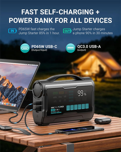 VANTRUE POWER JS3 Real 3250A Jump Starter with Air Compressor 160PSI, 12V Car Battery Booster with 9" Large Display, Jump Box with Light, 65W Fast Charging Power Bank, 8.0L Gas/3.8L Diesel Engines