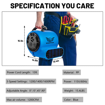 BSMTEK Air Mover Blower Fan, Industrial 1/3HP 1200CFM Monster Floor Blower Carpet Dryers - 3 Speeds Switch, 4 Adjustable Angles, 15FT Long Cord, Stackable - 2026 Upgraded