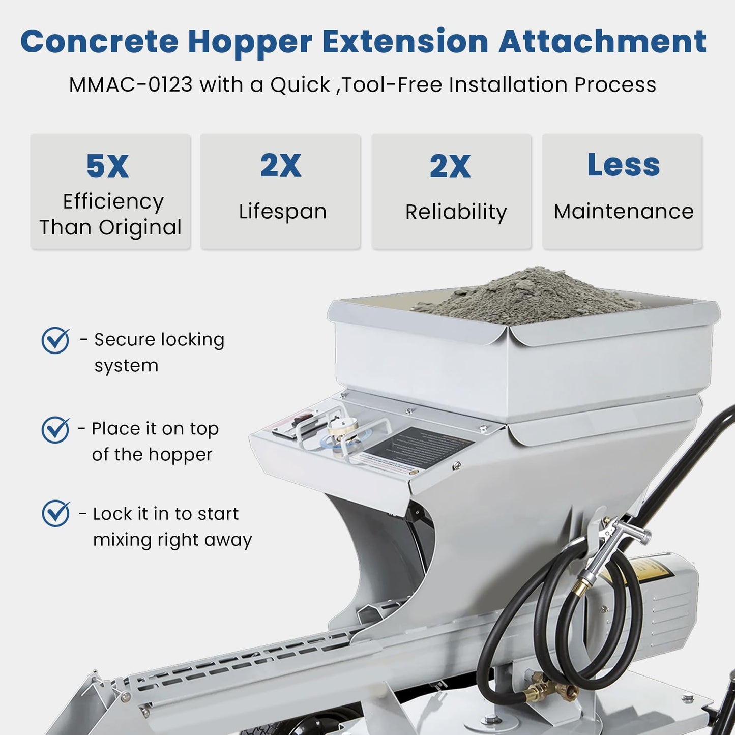 Upgraded MMAC-0123 Hopper Extension Compatible with Both Mud Mixer MMXR-3221 and Evolution Models, 250% More Dry Mix Capacity can Hold Approximately 5 Bags of 80 Pound Dry Mix at One Time