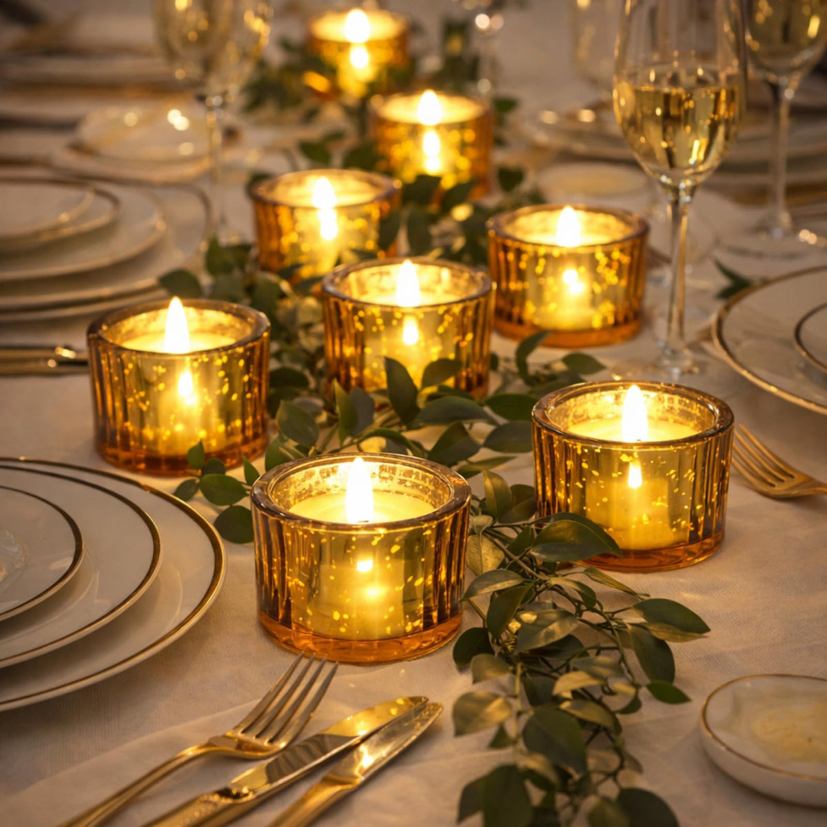Mumufy 50 Pcs Glass Tealight Candle Holder Ribbed Votive Candle Holder for Centerpiece Wedding Proposal Spa Aromatherapy Meditation Home Decor (Gold)