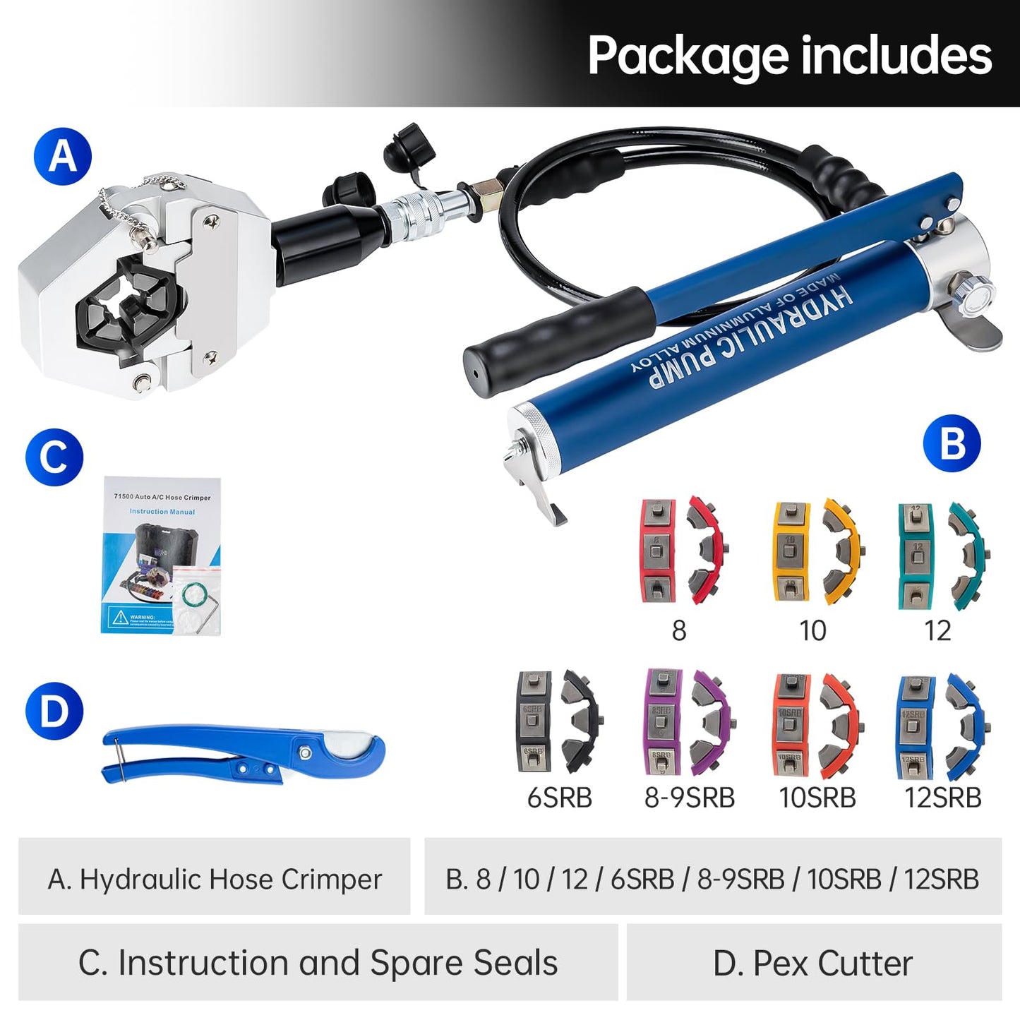 IBOSAD Hydraulic Hose Crimper Hydra-Krimp 71500 Manual A/C Hose Crimper Kit Air Conditioning Repaire Handheld Hydraulic Hose Crimping Tool (Split with Manual Pump)