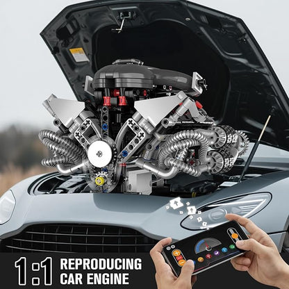 HIGH GODO V8 Engine Building Kit That Works Build Your Own MOC V8 Engine Model with App Control Visible Car Engine Model Kit with Motor and Lights Ideas Gifts for Teens Adults 14+(689 PCS)