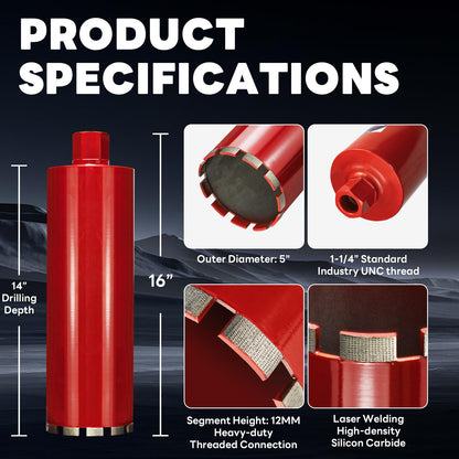DaduoRi Premium 5" Wet Core Drill Bit for Hard Concrete with High-Density Diamond, Precision-Welded Segments, 1-1/4"-7 UNC x 14" Depth, Industrial Grade for Concrete Rebar, Brick, Masonry, Asphalt