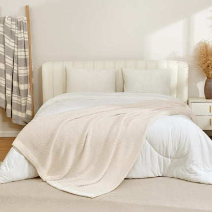 Snuggle Sac Buttery Ivory Throw Blanket for Couch, Reversible Super Soft Knitted Blankets, Warm Cozy Knit Fuzzy Plush Lightweight Throws Dupes for Sofa, Bed, Picnic, Ivory, 50 x 60 inches
