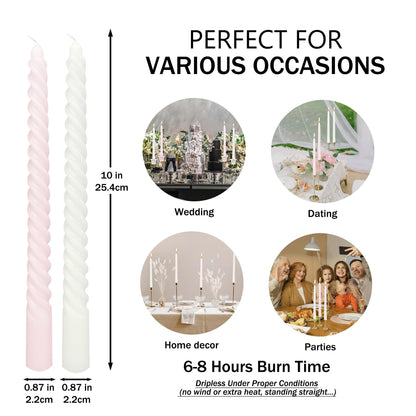 10 Inch White and Pink Spiral Taper Candle Set, 10 Pack Unscented Dripless Candlesticks for Dinner Baby Shower Party Brithday Wedding and Home Decoration