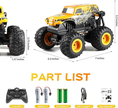 DYODYORC Remote Control Car 2.4Ghz All Terrain Monster Truck Toys RC Truck with Music 3 Lighting Effects 360 Stunt Capable 2 Batteries Ready to Run Toy Gifts for Boys and Girls (Yellow)