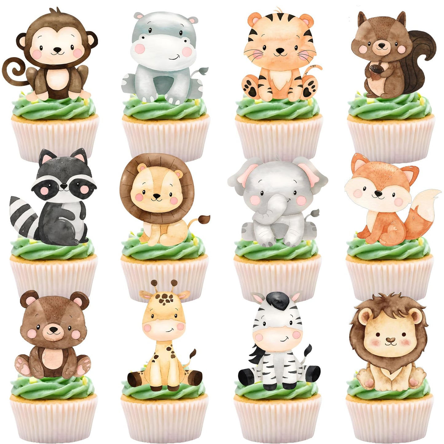 48pcs Safari Cupcake Toppers for Safari Baby Shower Decorations Cute Jungle Animals Cupcake Wild One Birthday Decorations