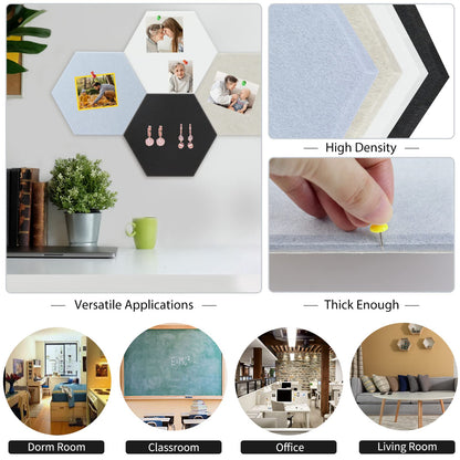 BXI Hexagon Felt Bulletin Board - 14.2 X 12.3 X 0.4 Inches 6 Pcs Self-Adhesive Poster Cork Board 30 Push Pins, Thick Pin Tiles Display Vision Board, Photo Picture Panels for Home Office Classroom