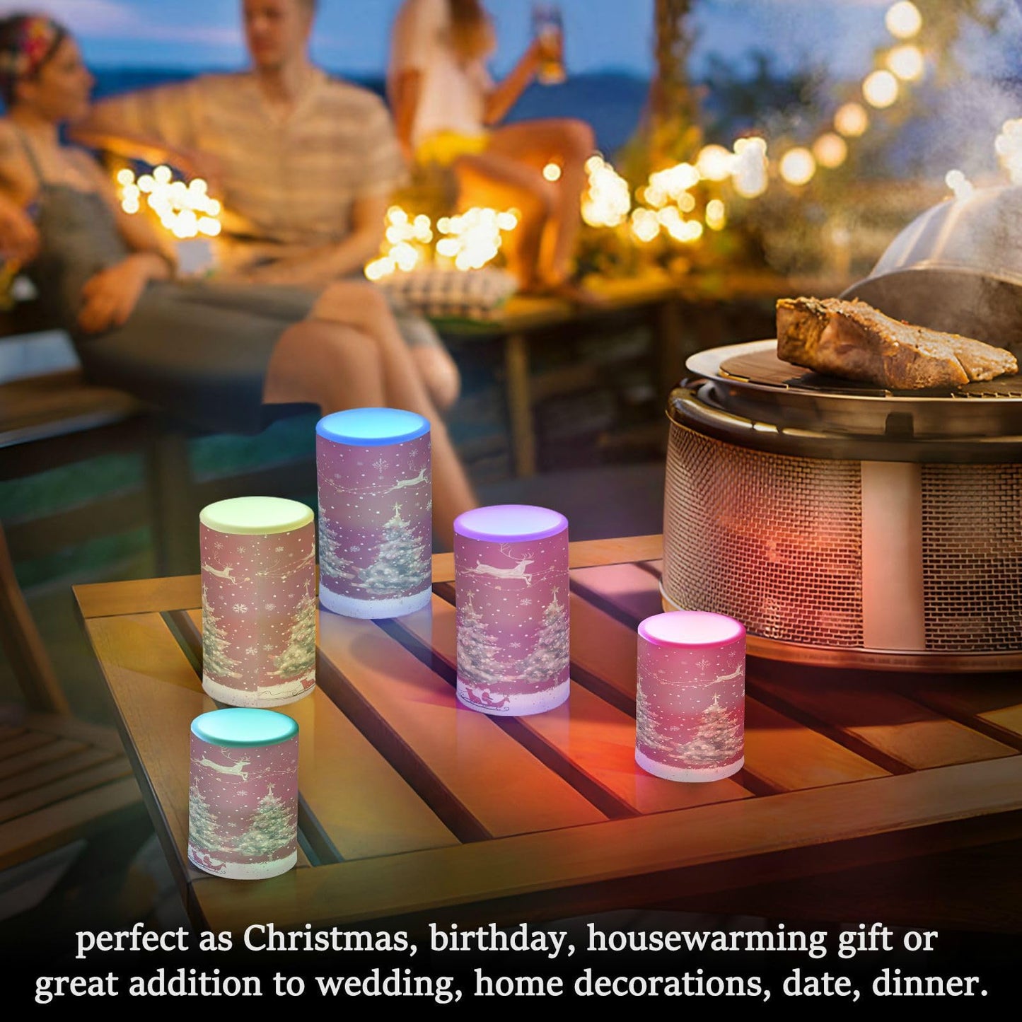 Christmas Lights Flameless Candles Christmas Trees Reindeer Pillar Candles Set of 2 Battery Operated Remote Control Warm Lights Home Decor