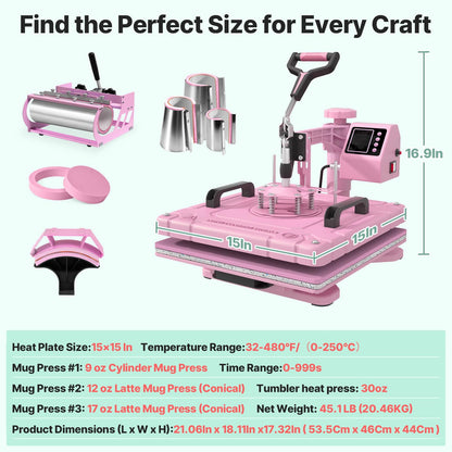 Slendor 8 in 1 Heat Press Machine 15x15 inch 360-Degree Swing Away Digital T Shirt Pressing Machine Multifunction Heat Transfer Sublimation Combo for T Shirts Mugs Hat Plate Cap,Pink