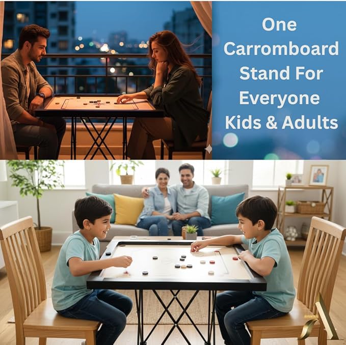AnNafi® Carrom Stand | Professional Carrom Board Stand | Easy Adjustable &amp Foldable Four Fold Stand with Compact Design | Combination of Full Size Metal Pipe Iron Rod &amp PVC | Indoor Games Fun
