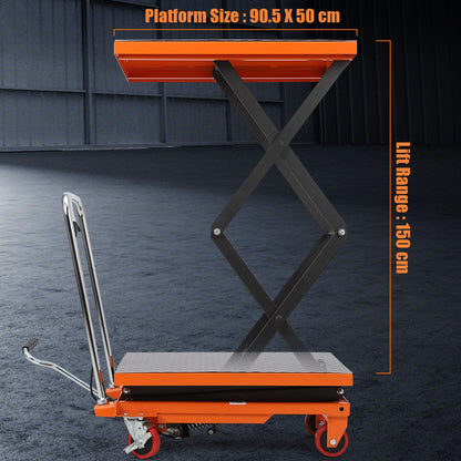 Garvee Manual Hydraulic Scissor Lift Table, 770lbs Capacity Double Scissor Industrial Cart with 4 Wheels, Anti-Slip Platform, 59" Max Height Adjustable Mobile Elevating Cart, Orange