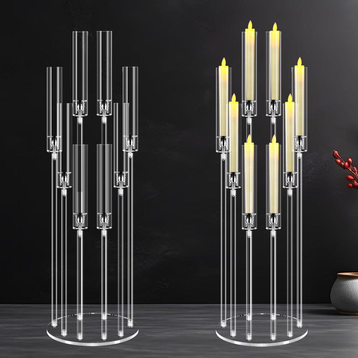 2Set 8 Arms Acrylic Candelabra Centerpieces for Tables Decortion,Clear Candle Holder for Wedding Dinner Fireplace Decoration and Home Decor,Candlesticks Holder with Lampshade Fits LED Candle