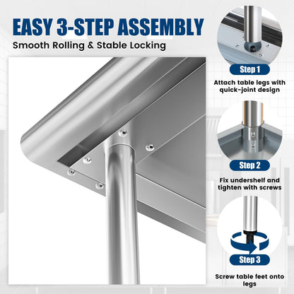 Chingoo Stainless Steel Work Table 30x48 Inch with Adjustable Undershelf & Backsplash, Heavy-Duty Prep Table for Commercial Kitchen, Restaurant, Garage, Outdoor