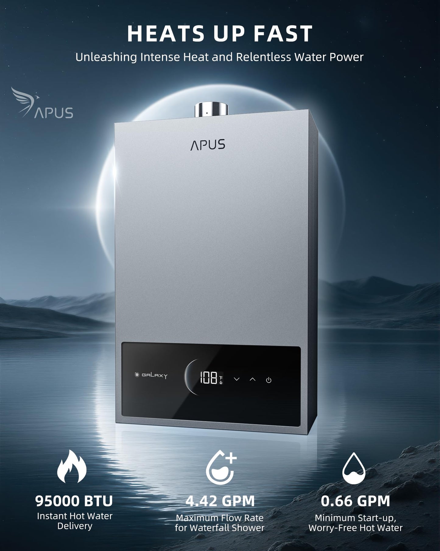 APUS Tankless Water Heater Propane Gas, Up to 4.42 GPM, Indoor Hot Water Heater, 95,000 BTU on Demand Instant Hot Water Heaters with Smart Digital Display, Space Gray