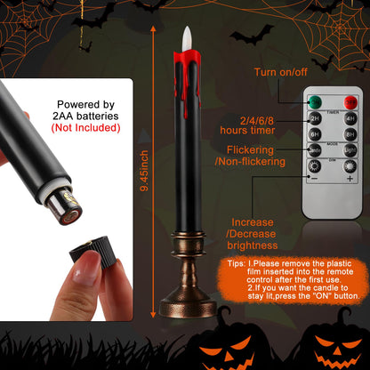 Sratte 6 Sets Halloween Blood Dripping Candle Decoration Led Flameless Candle with Candlestick Holder and Remote Battery Operate Vampire Tears Scary Creepy Decor for Indoor Home (Brown Holder)