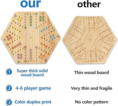 Original Marble Game Wahoo Board Game Double Sided Painted Wooden Fast Track Board Game for Friends and Party 6 and 4 Players 6 Colors 24 Marbles 6 Dice