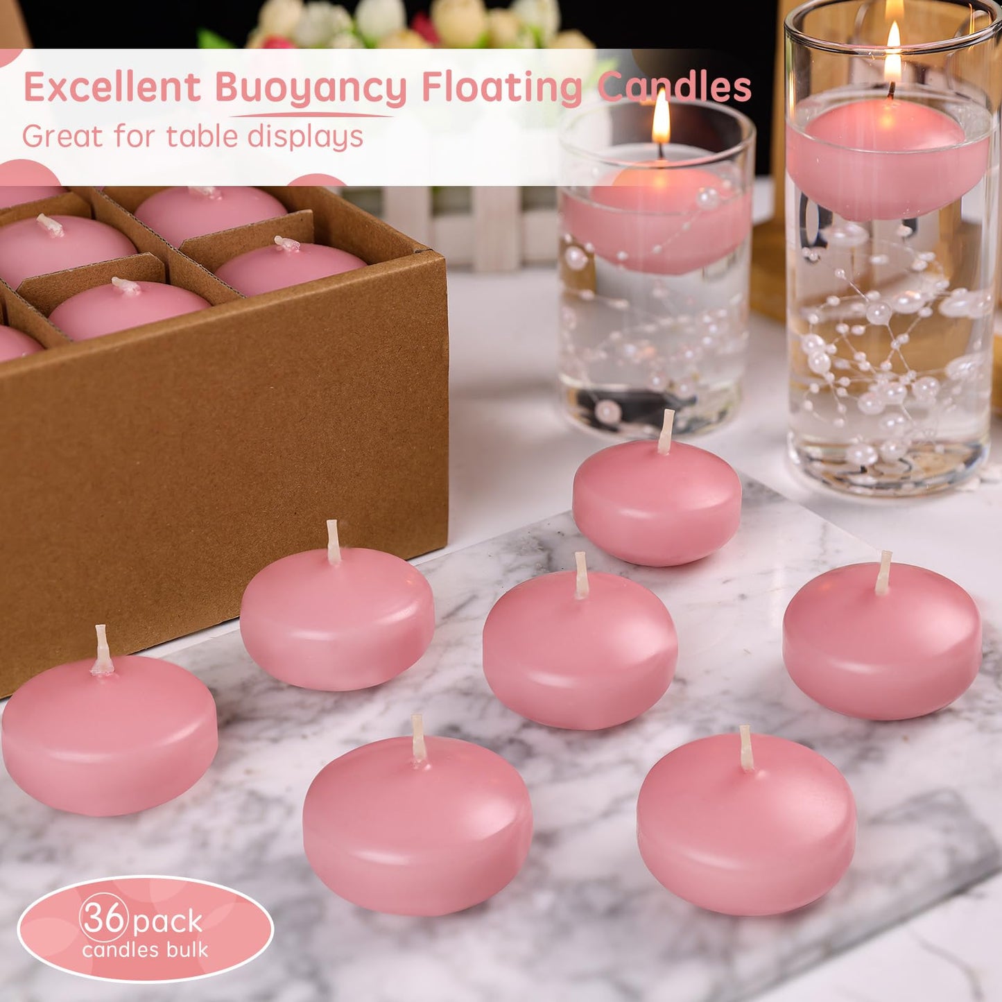 GINITIRI 36 Pack Light Pink Floating Candles,2 inch Unscented Dripless Floating Candle for Centerpieces,5-6H Burning 2" Water Candles Bulk for Cylinder Vases,Weddings,Christmas Party,Romantic Night