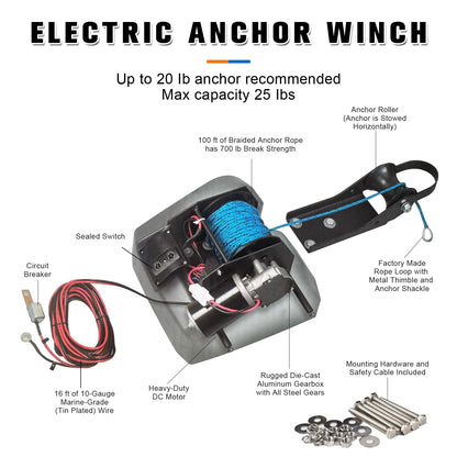 Cygrd Electric Anchor Winch, 25 LBS Marine Windlass, 12V with Remote Control, 100ft Rope, Easy to Operate, Black