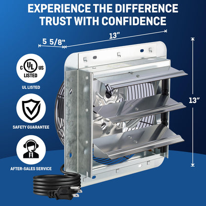 iLiving 10" Wall Mounted Shutter Exhaust Fan, Automatic Shutter, with Thermostat and Variable Speed controller, 65W, 820 CFM, 1200 SQF Coverage Area Silver (ILG8SF10V-ST)