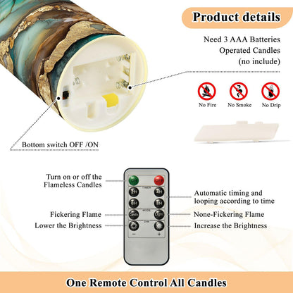 famyily Christmas Tabletop LED Candles Set of 2 Long Lasting Battery Operated Candles for Wedding Table Centerpieces 3.9x3in - Marble Brown Turquoise