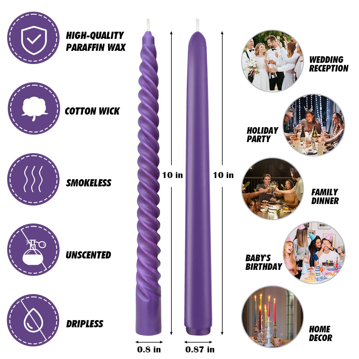 Royal Purple Taper Candles 6 Pack and Spiral Candles 6 Pack Set, 10 Inch Elegant Dripless Unscented Candlesticks for Weddings, Dinners, Parties and Home Decor