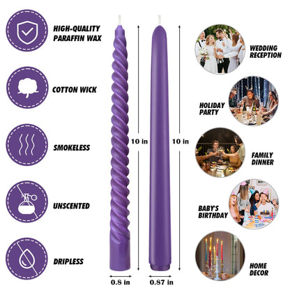 Royal Purple Taper Candles 6 Pack and Spiral Candles 6 Pack Set, 10 Inch Elegant Dripless Unscented Candlesticks for Weddings, Dinners, Parties and Home Decor