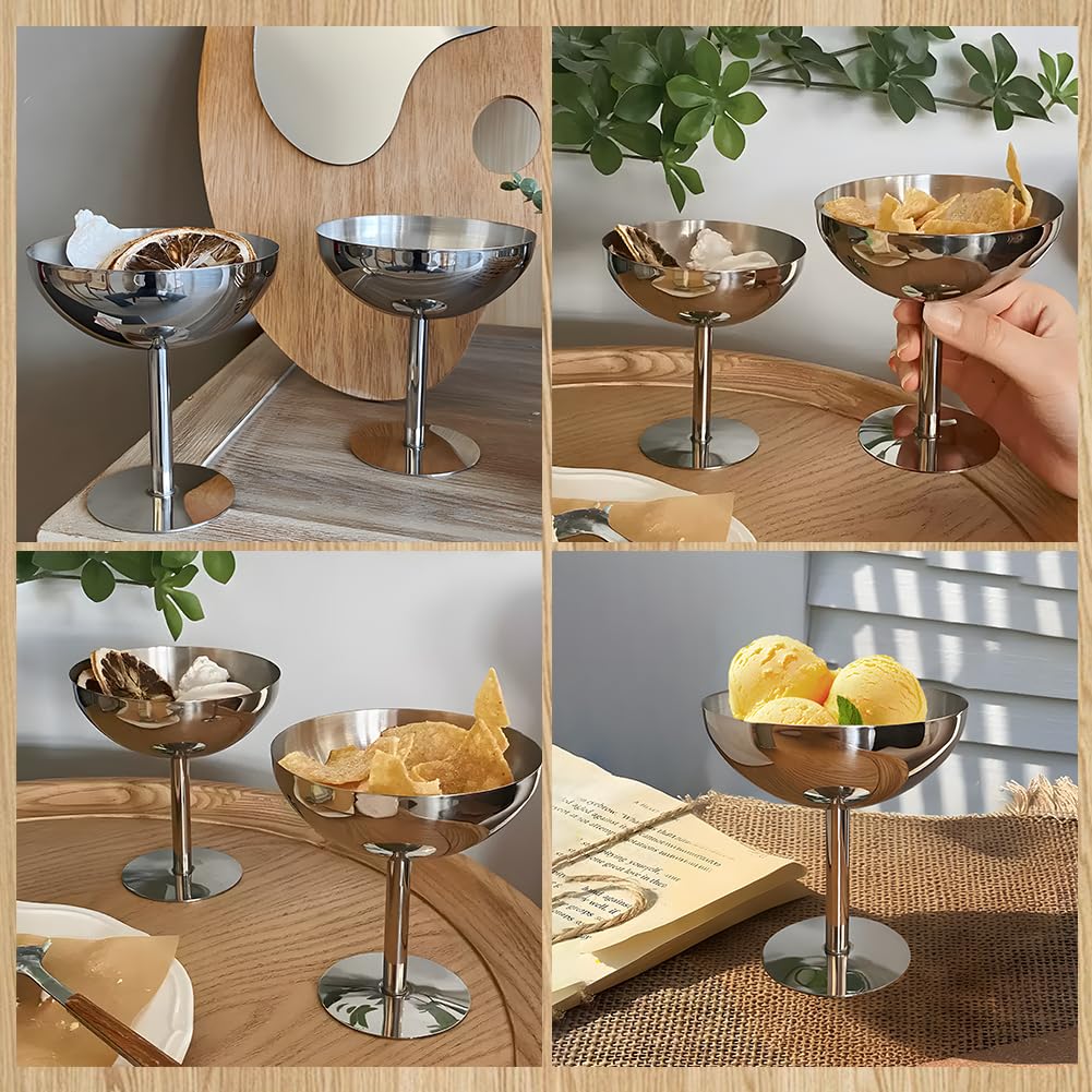 Ice Cream Cup, 7 Oz Stainless Steel Dessert Cups Resuable Cute Sundae Serving Bowl for Dessert, Sundae, Pudding, Salad, Fruit, Snack, Cocktail, Yogurt, Condiment, Trifle (4, Tall + Short)