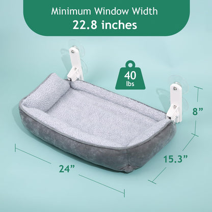 Zakkart Foldable Cat Hammock for Window with Bolster - Cordless, Fold-Up, Three-Side Bolstered Machine Washable Fluffy Bed, Robust Metal Frame - Cat Window Perch for Large Cats and Kittens - Gray