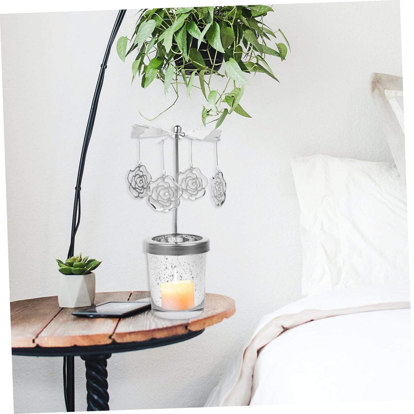 CONGARTENO Rotating Metal Candlestick Holder with Dangling Pendants Romantic Dinner Cup Carousel for Home Wedding Christmas Table Decor Spinning Centerpiece for Party Ambiance