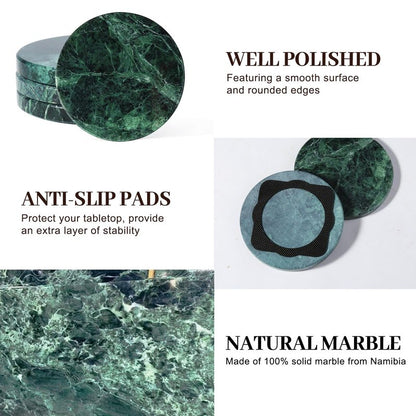 Koville Marble Coaster Set of 4, Round Coasters, 4" Stone Coaster for Drinks Coffee, White Marble Coasters for Coffee Table Home Bar Decor, Heat Resistant, Gift Choice(Green)