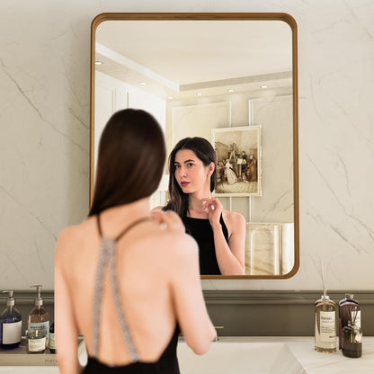 LOAAO Bathroom Mirror - 24x32 Inch Rounded Rectangle with Wood Grain Metal Frame | Anti-Rust, Versatile Hanging Options