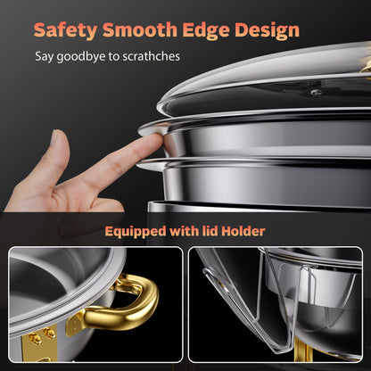 6QT Chafing Dishes for Buffet, 4 Pack Round Stainless Steel Chafing Dish Set, Chafers and Buffet Warmers Sets with Glass Lid, Food Warmers for Parties, Catering, Wedding (Sliver & Gold)