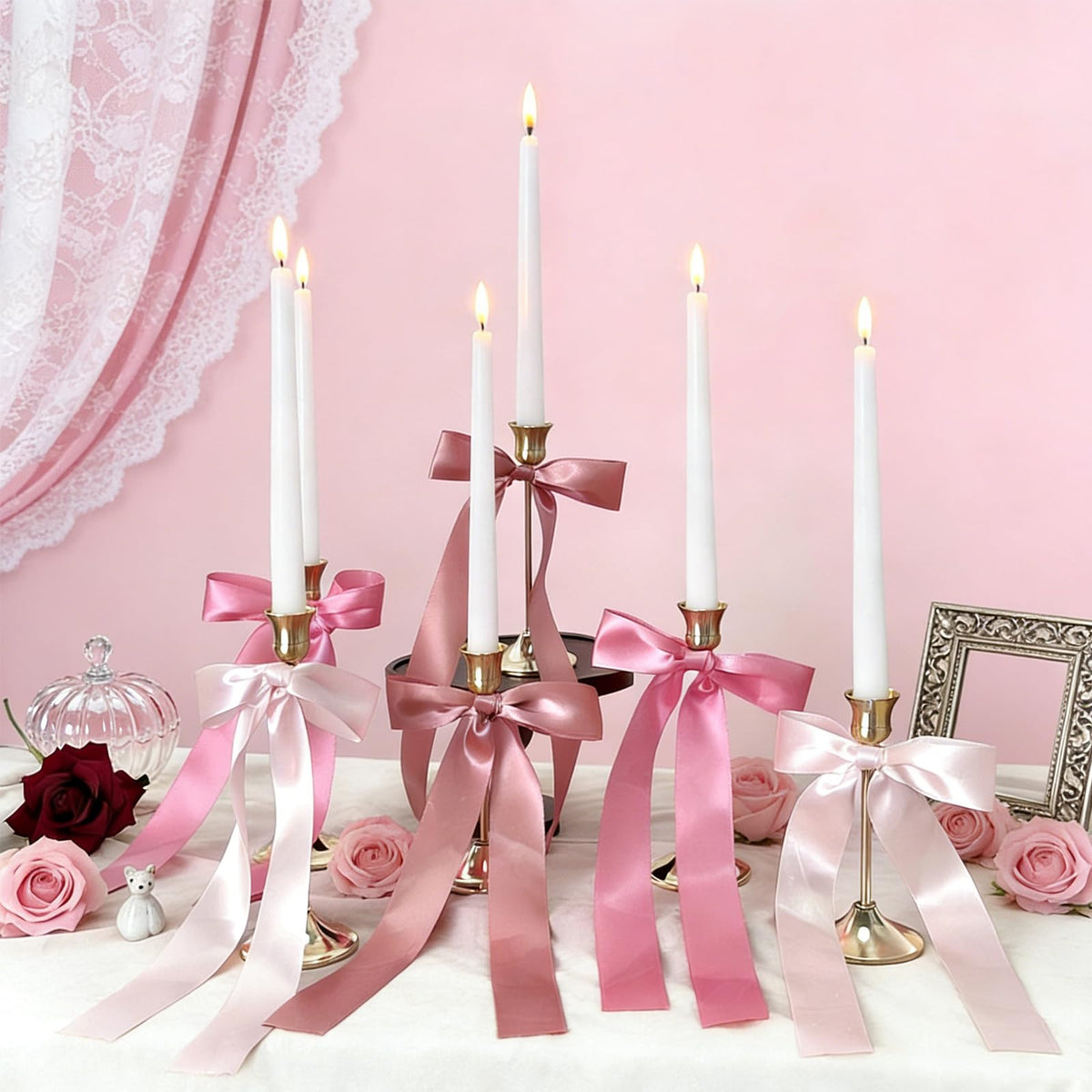JarThenaAMCS 6Pcs Candle Stick Holders with Candles Satin Ribbon Bows Gold Metal Taper Candle Holders for Bride Shower Wedding Party Fireplace Table Centerpiece Decor