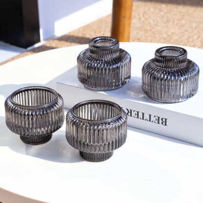 Woho Smoky Grey Candlestick Holders Set of 4 for Votives/Tea Lights, Ribbed Glass Taper Candle Holders for Table Centerpiece, Reversible Candle Sticks Holder Decor for Daily Home Decor