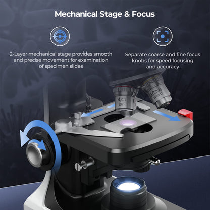 [Dual Power Supply] Vabiooth Lab Compound Trinocular Microscopes 40X-2500X Magnification with 7" LCD Replaceable Split Screen 5MP E-Eyepiece, Two-Layer Mechanical Stage,20mm Ultra Wide-Field Eyepieces