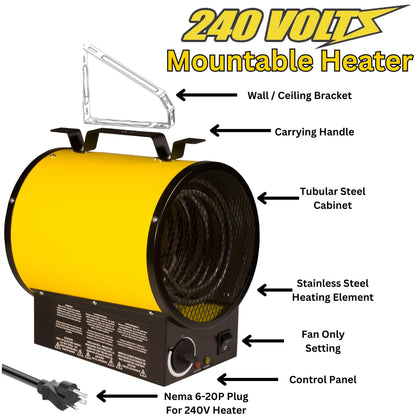 Dura Heat 240V Electric Industrial Garage, Workshop, Warehouse, Construction Heater, Wall/Ceiling Mount, 12,800 BTU, 3,750 Watt Forced Air Heater, Overheat Protection - Ideal for Garage & Workshop