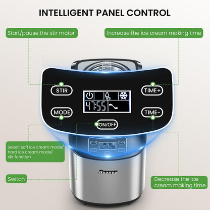 Huanyu Ice Cream Machines 1.5L Automatic Ice Cream Maker with Built-In Compressor | No Pre-Freezing, 3 Modes, LCD Digital Display & Timer