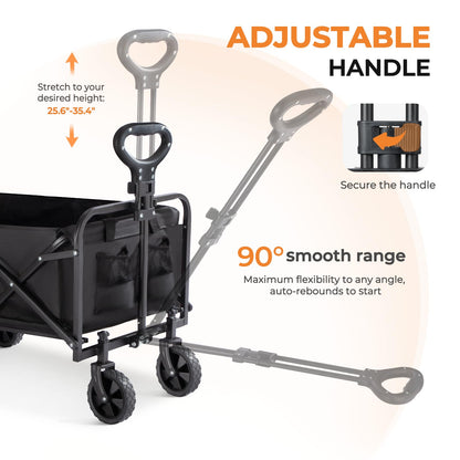 Collapsible Wagon 220 lbs, Heavy Duty Wagon Carts Foldable, Portable Wagons for Groceries, Beach Cart with All-Terrain Wheels & Drink Holders, Utility Wagon for Shopping, Sports, Camping, Black