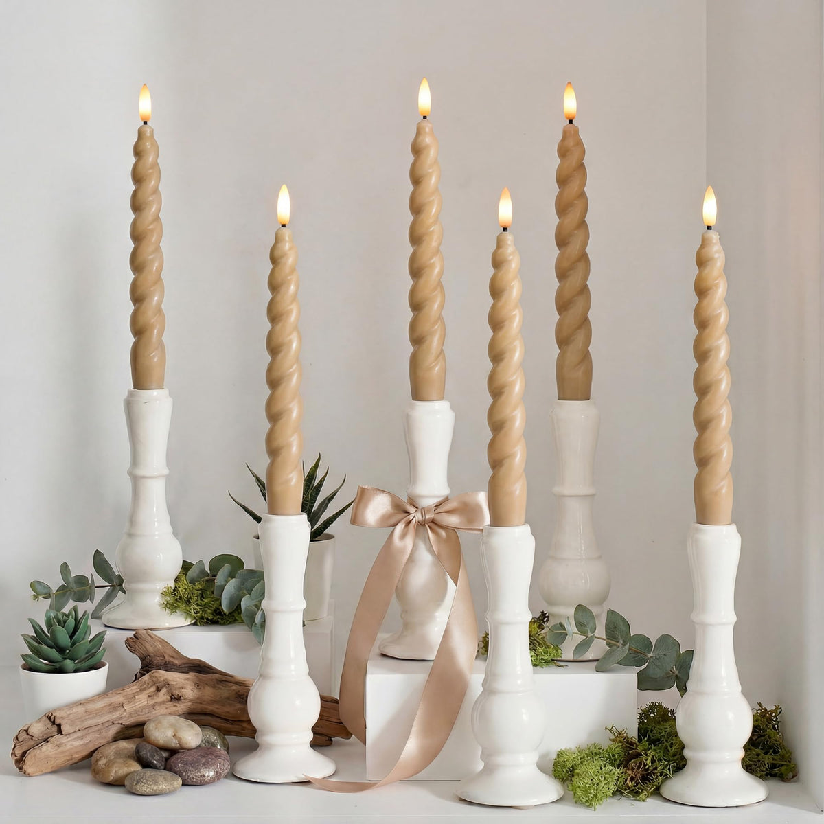 West Ivory Full Twisted Spiral Flameless LED Taper Candles – Light Tan, Set of 6 – 2/4/6/8-Hr Timer (24-Hr Memory), Remote, Dimmable, Bottom On/Off Button, Flicker/Steady, Battery Operated