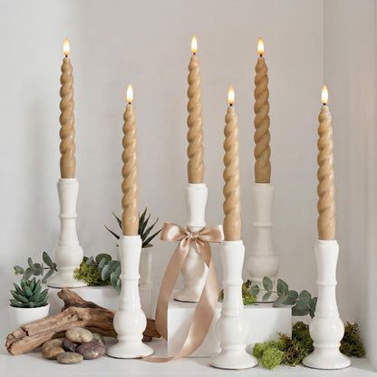 West Ivory Full Twisted Spiral Flameless LED Taper Candles – Light Tan, Set of 6 – 2/4/6/8-Hr Timer (24-Hr Memory), Remote, Dimmable, Bottom On/Off Button, Flicker/Steady, Battery Operated
