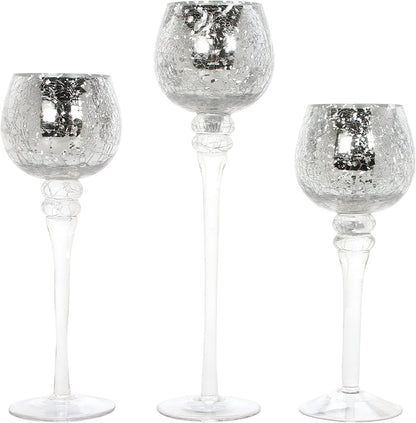 Hosley Set of 3 Metallic Crackle Glass Tealight Holders – 12", 10", 9" Elegant Home Decor, Ambient Lighting, Stylish Centerpieces & Gift Idea