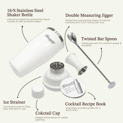 KITESSENSU Cocktail Shaker Set, Stainless Steel Martini Shaker with Bartender Strainer, Measuring Jigger, Bar Mixing Spoon, Cocktail Recipe Included, White