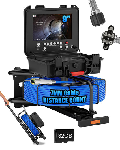 Sewer Camera Self Leveling 9'' with 512Hz Sonde & Meter Counter, 100ft Drain Inspection Camera w/ 7MM Cable, 12 LEDs, 23MM 1080P Self Leveling Probe, Waterproof 32GB DVR Pipe Endoscope for Plumbing