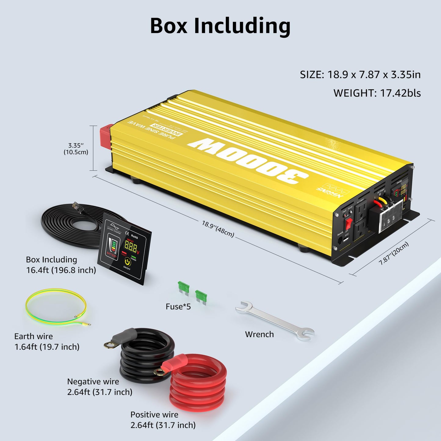 XWJNE 3000W Pure Sine Wave Power Inverter 12V DC to 120V AC Converter with LED Display and Remote Controller for Home, RV, Truck, Off-Grid Solar Power