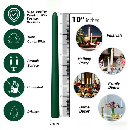 Hunter Green Taper Candles for Home Decoration, 20 Pack 10 Inch Unscented Dripless Candlesticks for Dinner Party Wedding