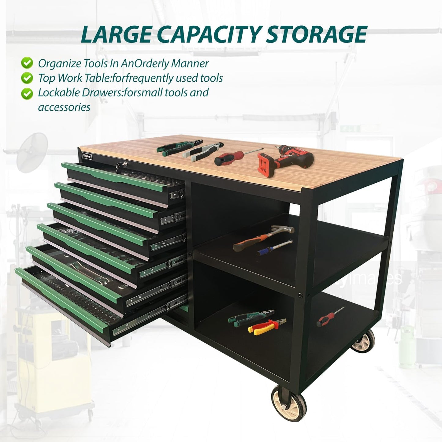 Griplier 7-Drawers Professional Tool Cart Cabinet,Rolling Tool Chest with Double Shelves,Wood Workbench,51.1W x 18.9D x 32.3H inches for Garage, Workshop, or Outdoor Use(7 Drawers + 258 Pieces Tool)